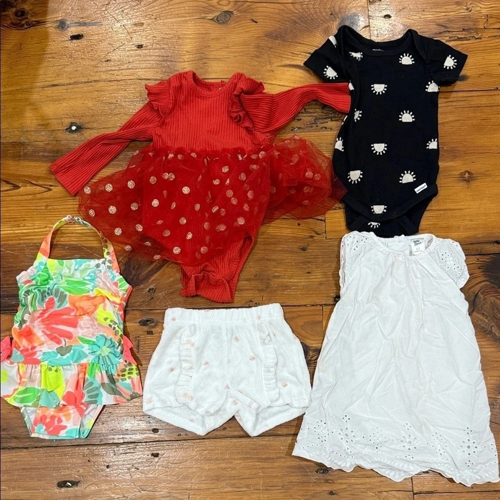 Baby Girl bundle of swimsuit onsies shorts dresses size 12 months